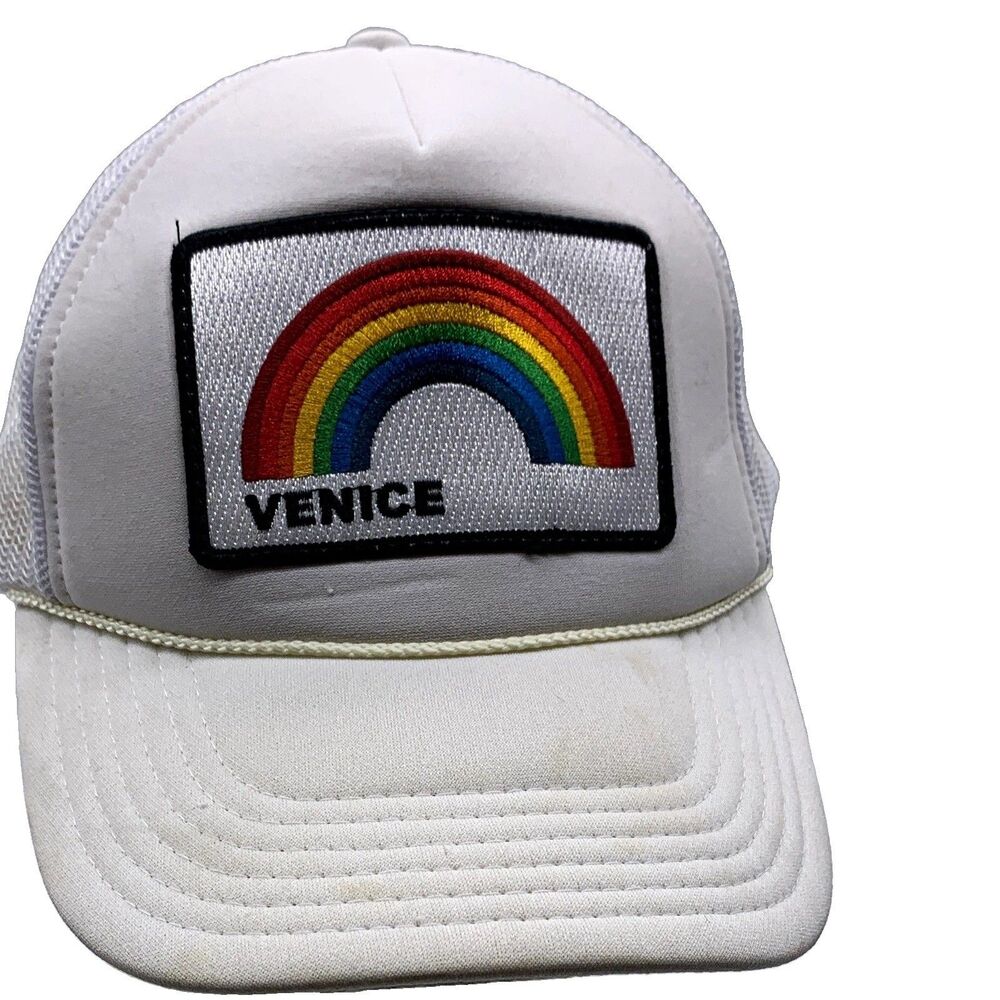 Aviator Nation White Mesh Back Trucker Hat Venice Rainbow Patch Adjustable